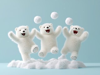 Kawaii polar bears, playing with snowballs, 3D illustration