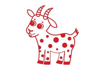 Red goat smiling and standing, featuring a pattern of red spots over its body