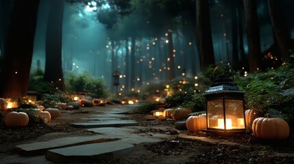 Japanese inspired halloween samurai mask glowing lanterns foggy bamboo forest cultural fusion spooky vibe 