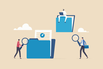 Business people analyzing data and documents with magnifying glasses and laptops for research and investigation