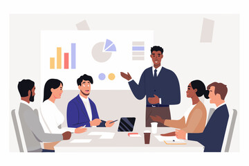 Diverse team of professionals gathered around a table in a modern office for a business meeting presentation