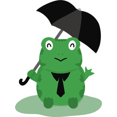 Cute cartoon frog holding a black umbrella while wearing a necktie, sitting on a green puddle. Adorable and playful illustration perfect for kids, stickers, or whimsical designs.

