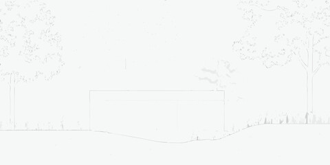 Minimalist sketch of a modern building nestled between trees and grass on a bright white background