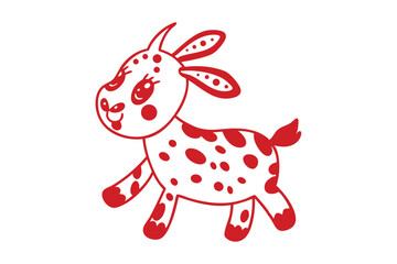 Red outline of a joyful spotted kid goat prances against a bright white backdrop