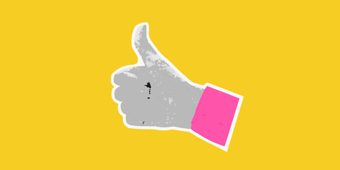 Stylized grey hand giving a thumbs up gesture against a vibrant yellow background with pink sleeve detail