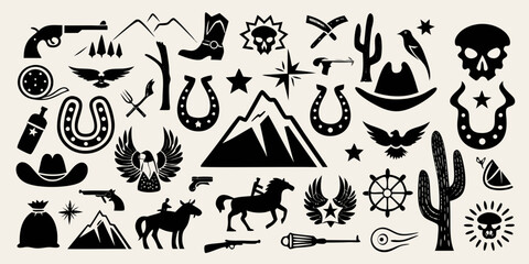Collection of western and cowboy icons featuring horses cacti and guns