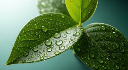 Fototapeta premium Close-up of vibrant green leaves covered in dewdrops, pristine and refreshing