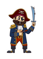 Cartoon funny groovy pirate character. Isolated vector fierce sea corsair or captain retro personage with beard, holding saber and flintlock gun, ready for high seas adventures and treasure hunts
