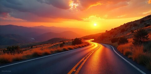 Golden hour light bathes a winding road leading towards a vibrant sunrise, creating a breathtaking landscape Perfect for travel, nature, and inspirational projects , golden hour, field