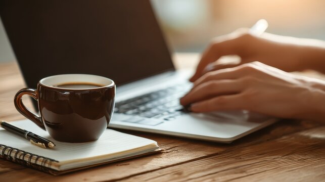 Coffee Mug, Notebook, Pen, and Laptop on Wooden Table