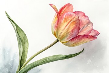 Fototapeta premium Delicate pink yellow tulip bloom with green leaves flower petal