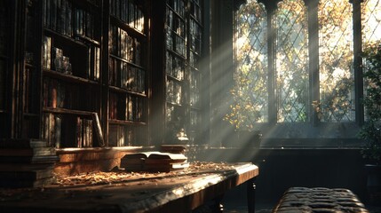 Quiet library scene with sunlight filtering through window, books and copy space in foreground