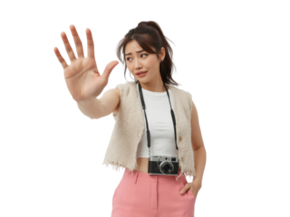 Young woman with vintage camera gesturing stop on an isolated transparent setting