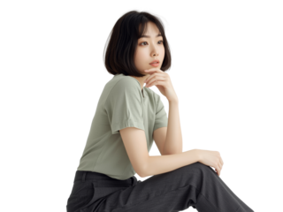 Contemplative young woman sitting in thoughtful pose against transparent space