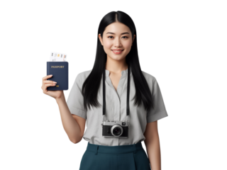 Smiling tourist with passport and camera ready for adventure on isolated transparent background