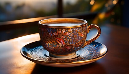 Fototapeta premium beautifully patterned ceramic cup filled with rich aromatic coffee sits on matching saucer evoking warmth and elegance