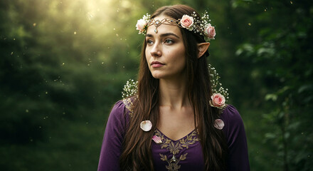 Fantasy woman dressed as elf with flower crown in forest