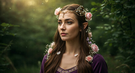 Fantasy woman dressed as elf with flower crown in forest