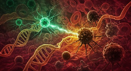 Immune system response to viral threat depicted with dna strands and cellular structures cancer