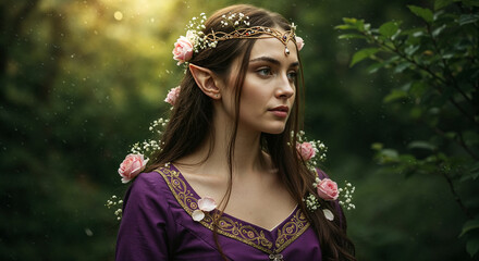 Fantasy woman dressed as elf with flower crown in forest