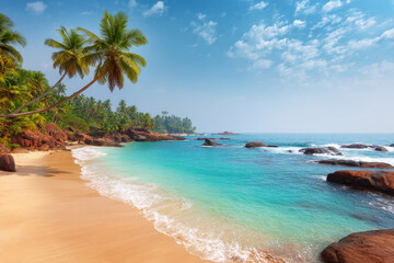 tropical paradise on sunny beach adorned with swaying palm trees inviting relaxation and tranquility