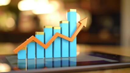 Business Growth Chart with Orange Arrow on Digital Tablet on Wood