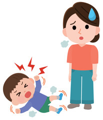 癇癪を起こして床でジタバタする男の子と困る女性　イラスト