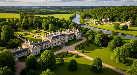 Aerial view Manor House with River, and Ruins.