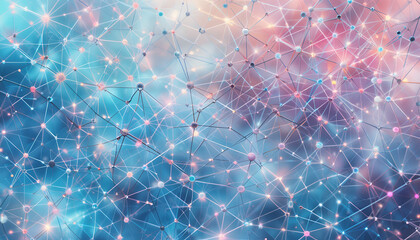 Abstract network of glowing nodes and connecting lines, representing data flow and interconnectedness in a digital universe with a soft, ethereal glow and vibrant colors
