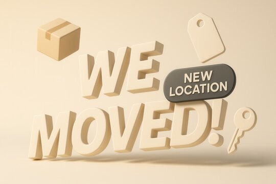 WE MOVED! announcement with NEW LOCATION tag, minimalistic style, effective retail promotion for relocation news.