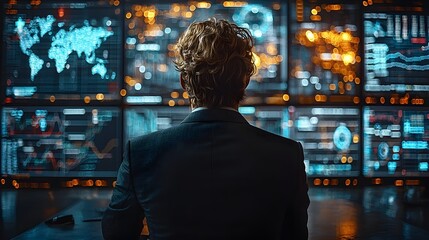 A businessman analyzes global data on multiple digital screens in a high tech control room