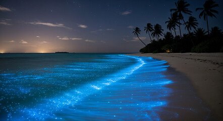 Bioluminescent waves glowing on tropical beach at night