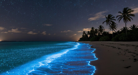 Bioluminescent waves glowing on tropical beach at night