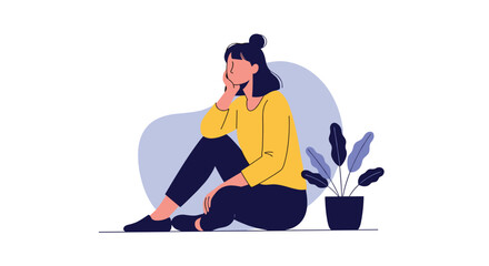 Woman sitting alone contemplating her thoughts near a potted plant
