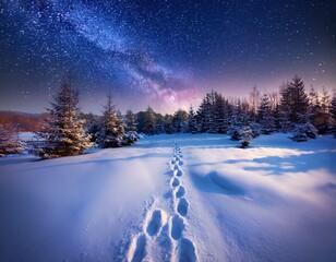snowy path with mysterious footprints under starry sky