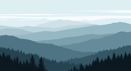 Misty blue mountain range peaks landscape background with evergreen trees