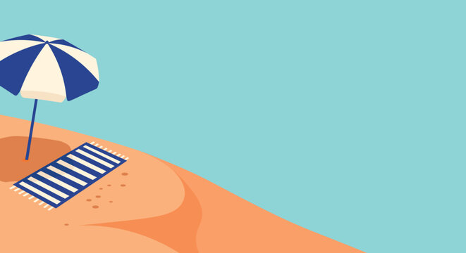 Beach scene featuring a striped beach towel and blue and white umbrella on sandy beach perfect for