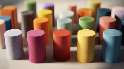 This image showcases a collection of colorful cylinders A diverse team working under a leadership coach, aligning their collective goals for success could