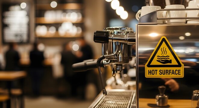Detail shot of a commercial espresso machine featuring a prominent hot surface warning, set in a lively cafe, underscoring the art of coffee making and operational safety