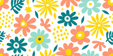 Bright and cheerful seamless floral pattern with abstract flowers and leaves in pastel colors