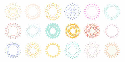 Collection of decorative sun shapes and circular ornaments in various pastel colors and styles