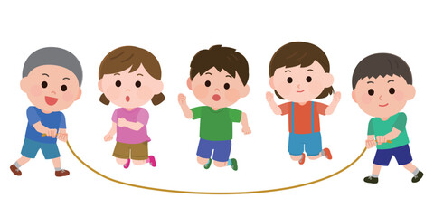 大縄跳びを跳ぶ子供達　イラスト