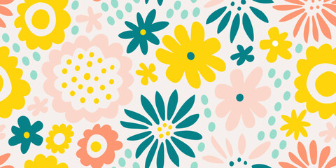 Whimsical hand drawn floral pattern with bright yellow pink teal and coral flowers