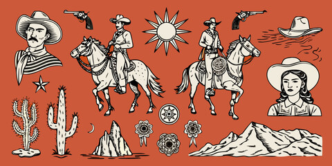 Vintage western cowboy and cowgirl illustrations with horses cacti and desert landscape elements