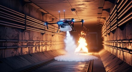 Fire suppression test with foam delivery by robotic drone navigating narrow tunnel demonstrating precision in emergency aid.