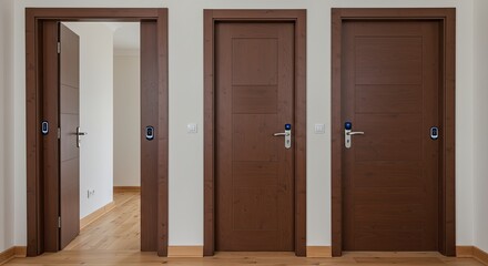 Three modern dark brown wooden doors stand in a well-lit hallway, one slightly ajar revealing an interior space.