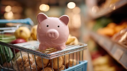 Obraz premium A piggy bank placed inside a shopping cart filled with groceries, representing budget management, frugal living, and family expenses