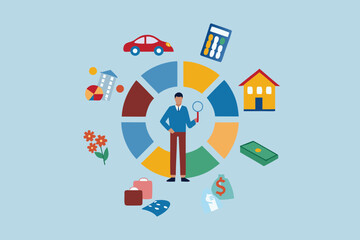 Man with magnifying glass analyzing pie chart with icons representing expenses and income