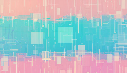 Abstract digital art with a vibrant turquoise and soft pink background, featuring a gridlike structure of white lines and translucent squares, suggesting data flow