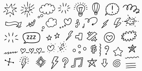 Collection of hand drawn doodle icons and symbols including stars lightbulbs hearts and speech bubbles